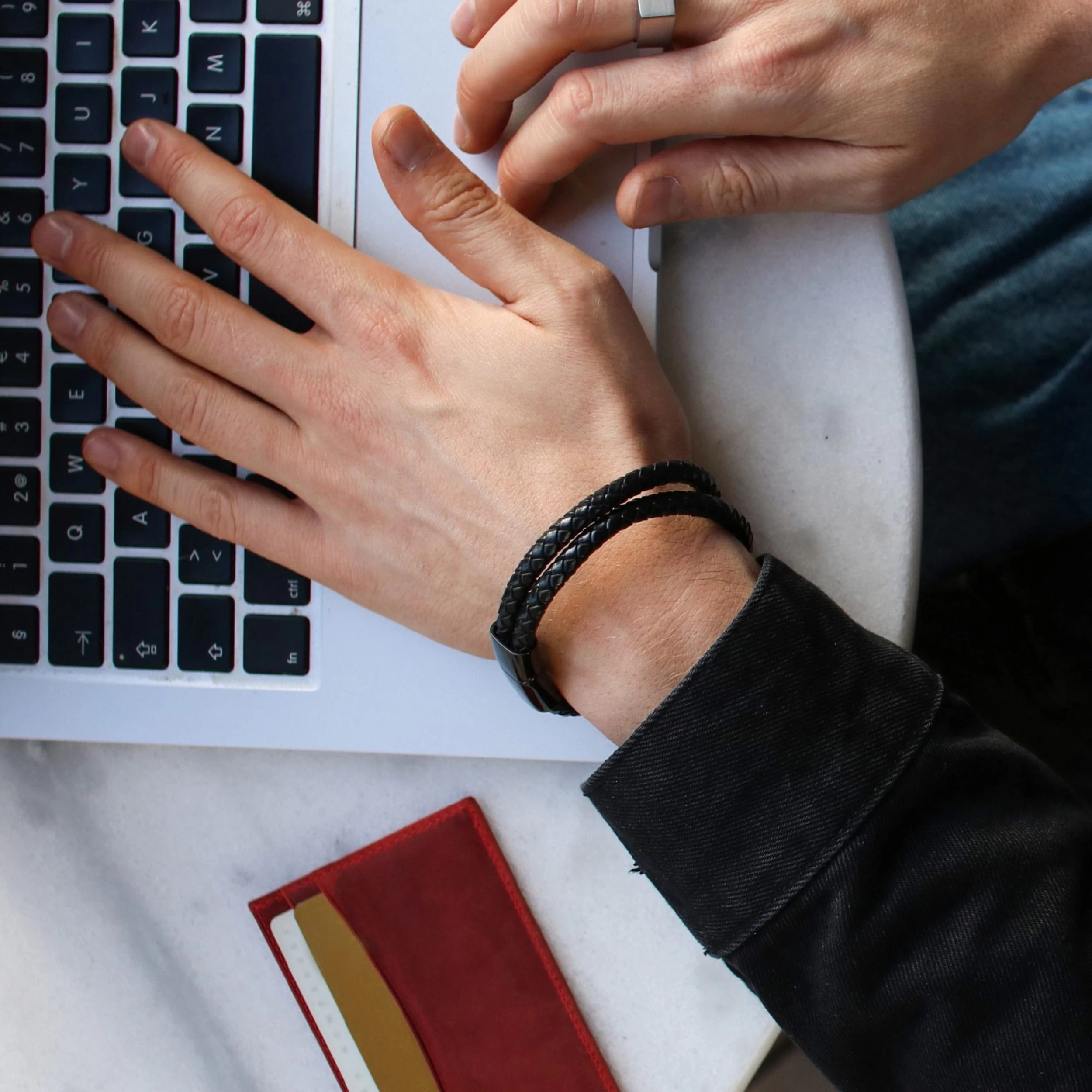 Black Braided Leather Rope Double Bracelet - Image 4