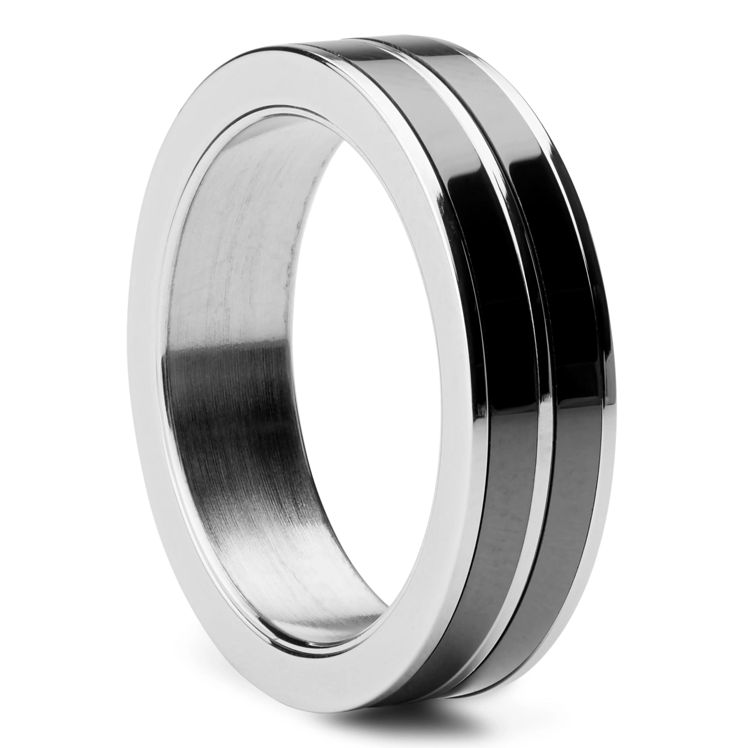 6 Mm Silver-Tone Stainless Steel With Black Inlay Ring