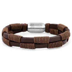 Dark Brown Leather & Cotton Cord Magnetic Bracelet