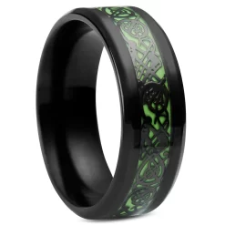 Black Stainless Steel Glow-In-The-Dark Celtic Dragon Pattern Ring