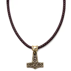 Brown Leather With Gold-Tone Thor's Hammer Necklace