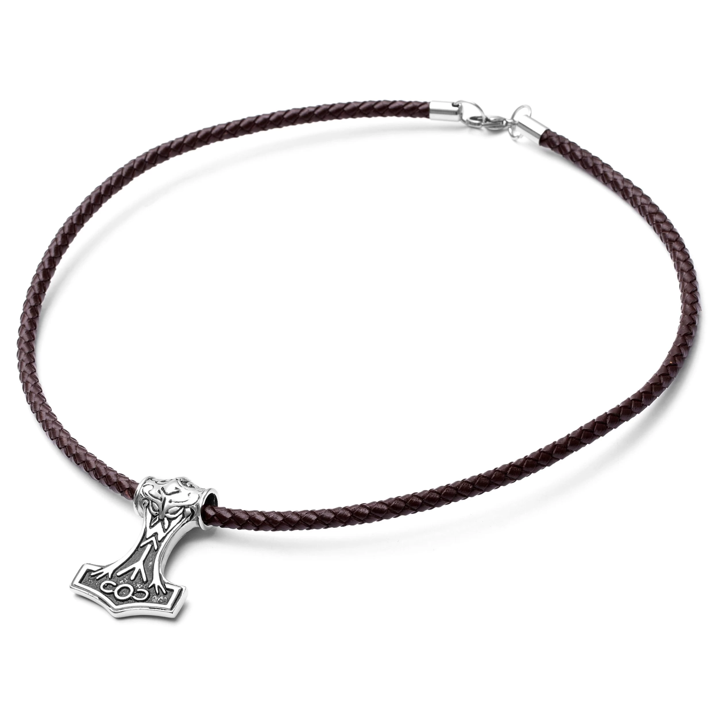 Brown Leather With Silver-Tone Stainless Steel Viking Hammer Necklace - Image 5