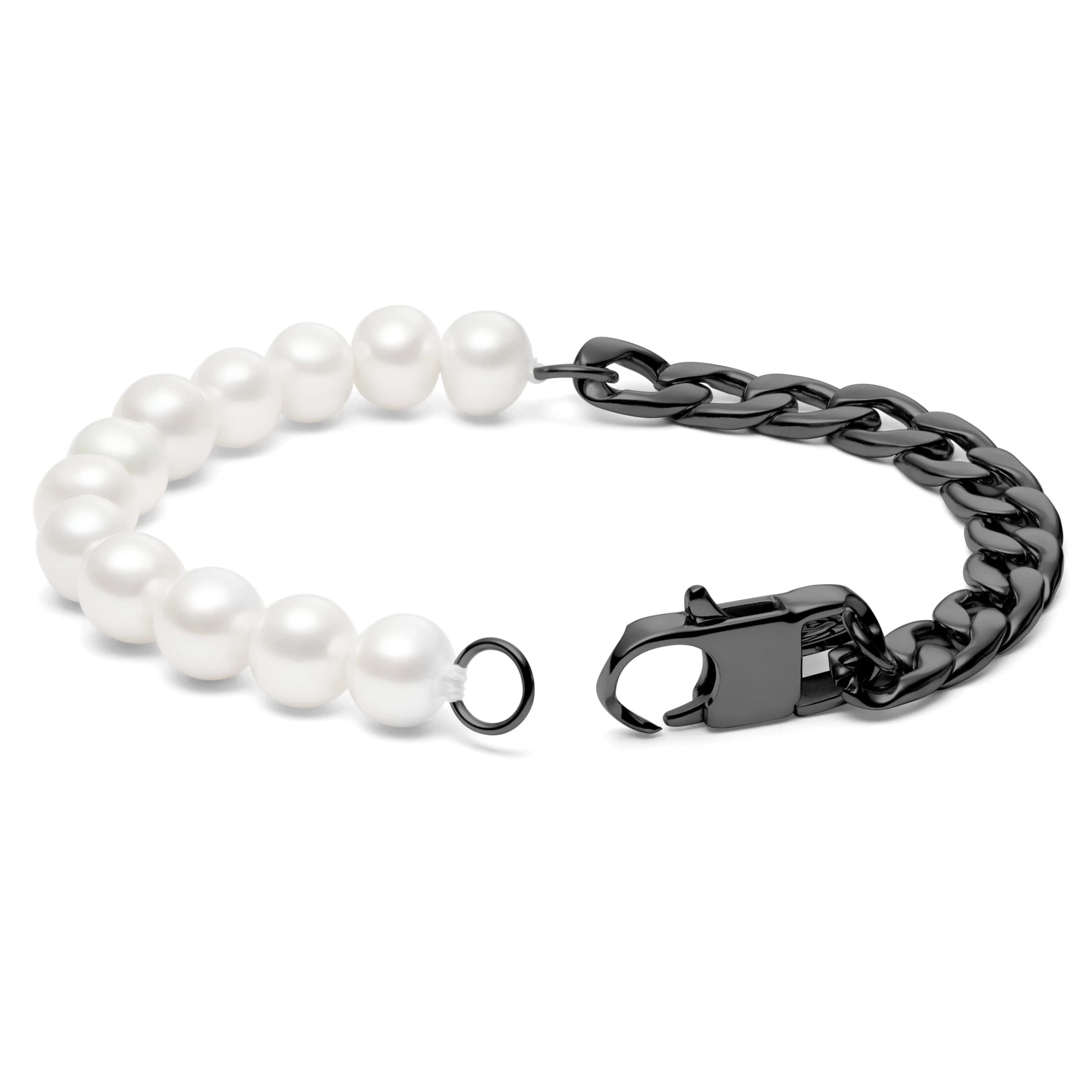 Amager | Gunmetal Stainless Steel Curb Chain & Pearl Bracelet - Image 2