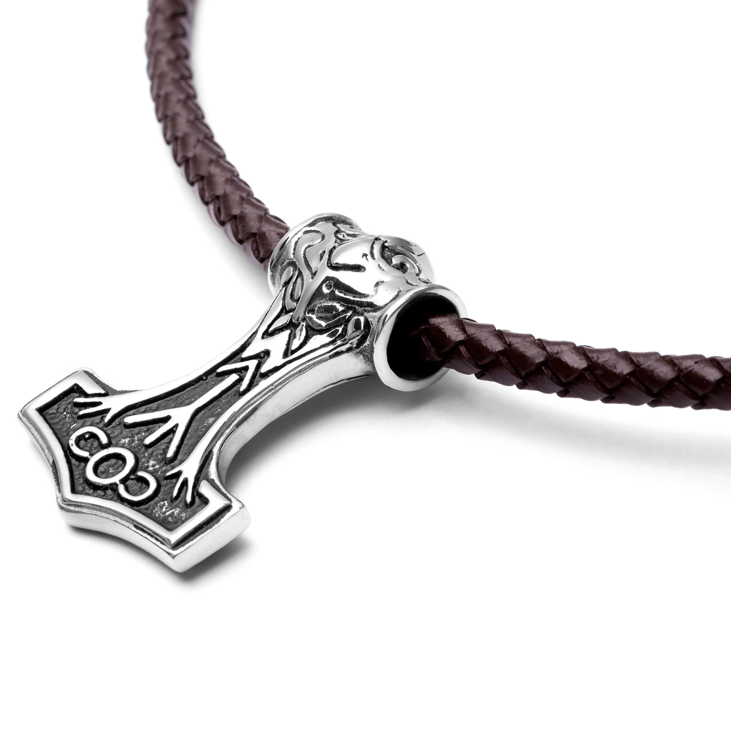 Brown Leather With Silver-Tone Stainless Steel Viking Hammer Necklace - Image 2
