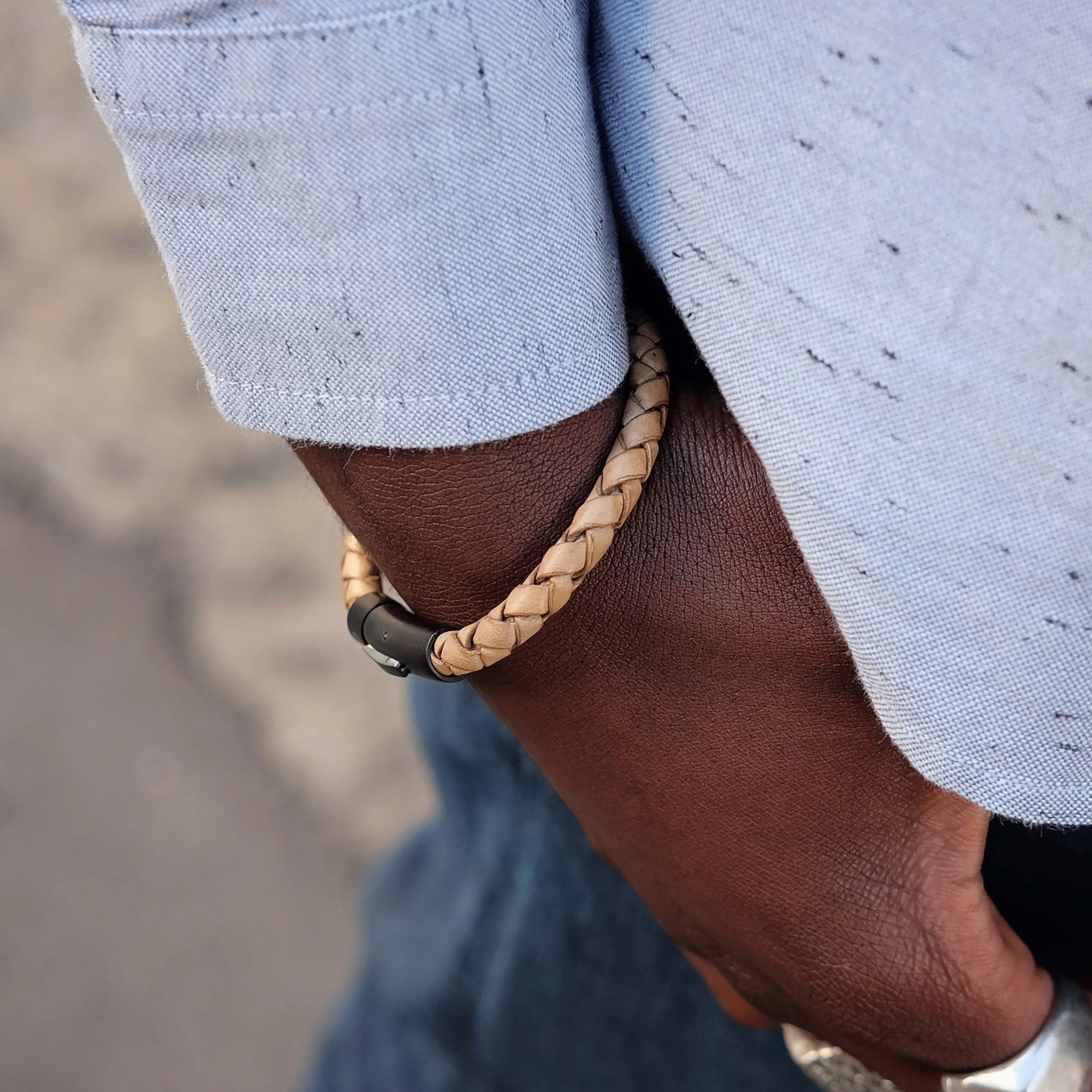 Light Brown & Black Braided Leather Cord Bracelet - Image 4