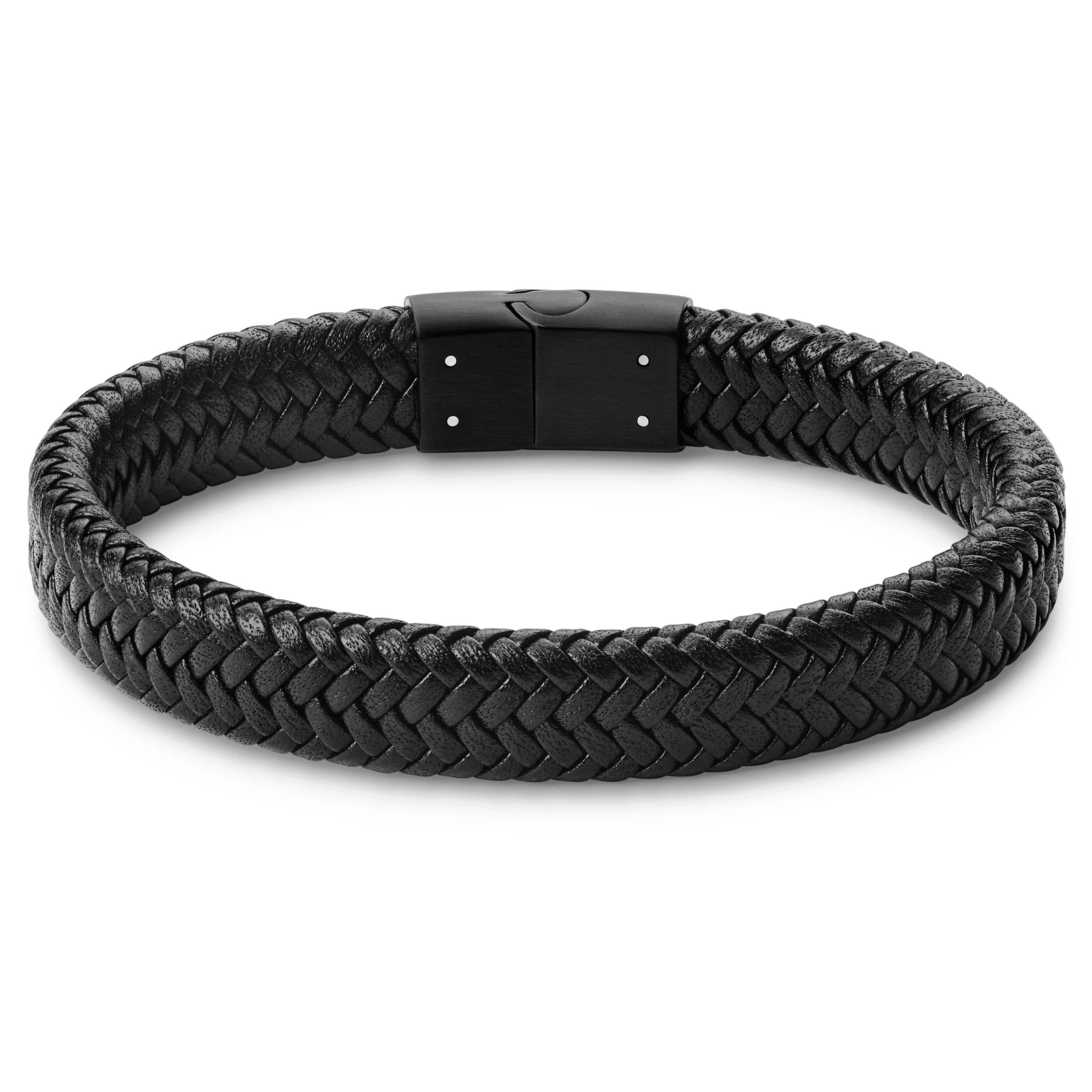 Black Stainless Steel & Faux Leather Braided Bracelet - Image 3