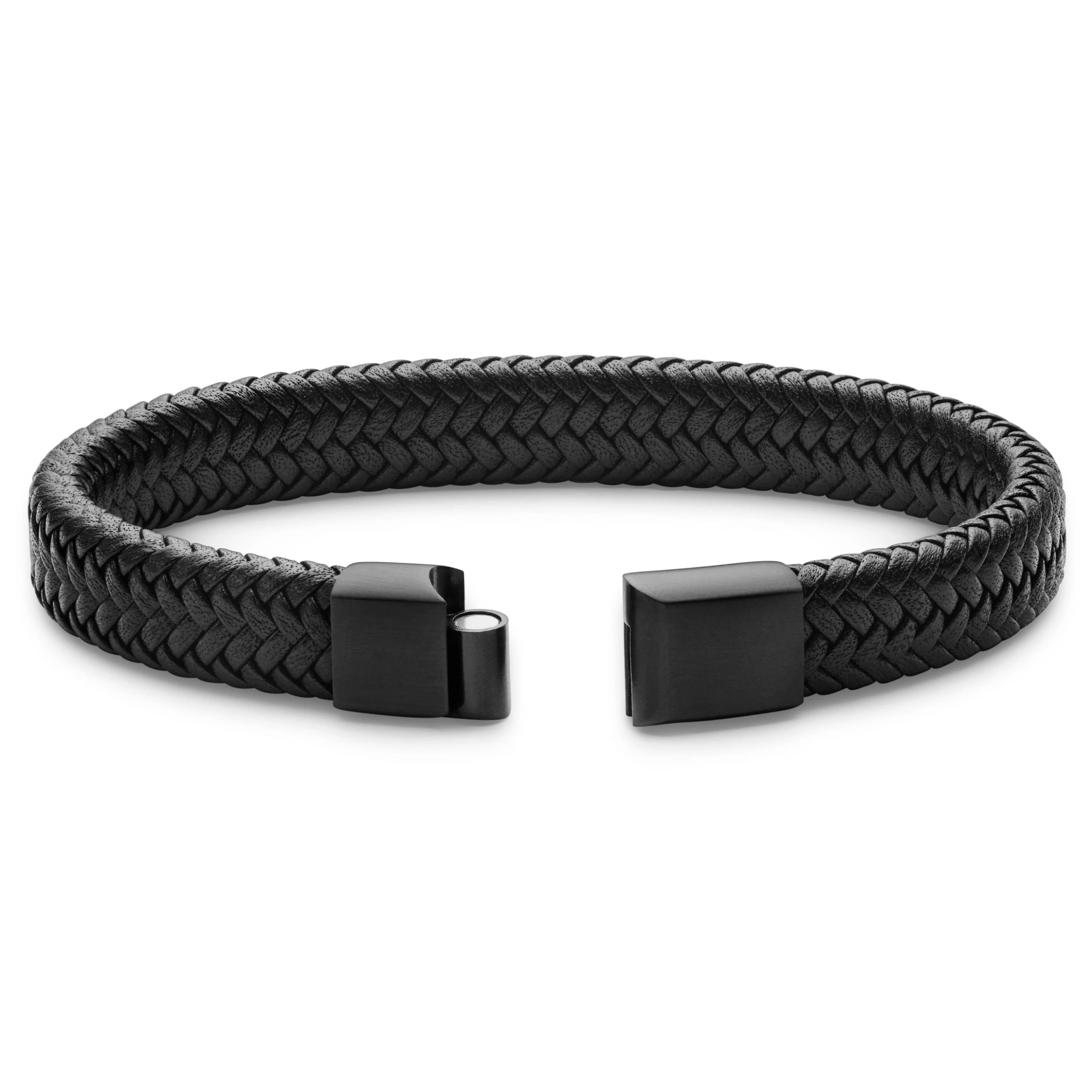Black Stainless Steel & Faux Leather Braided Bracelet - Image 2