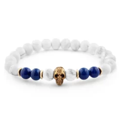 White Turquoise & Blue Lapis Lazuli Gold-Tone Skull Bracelet