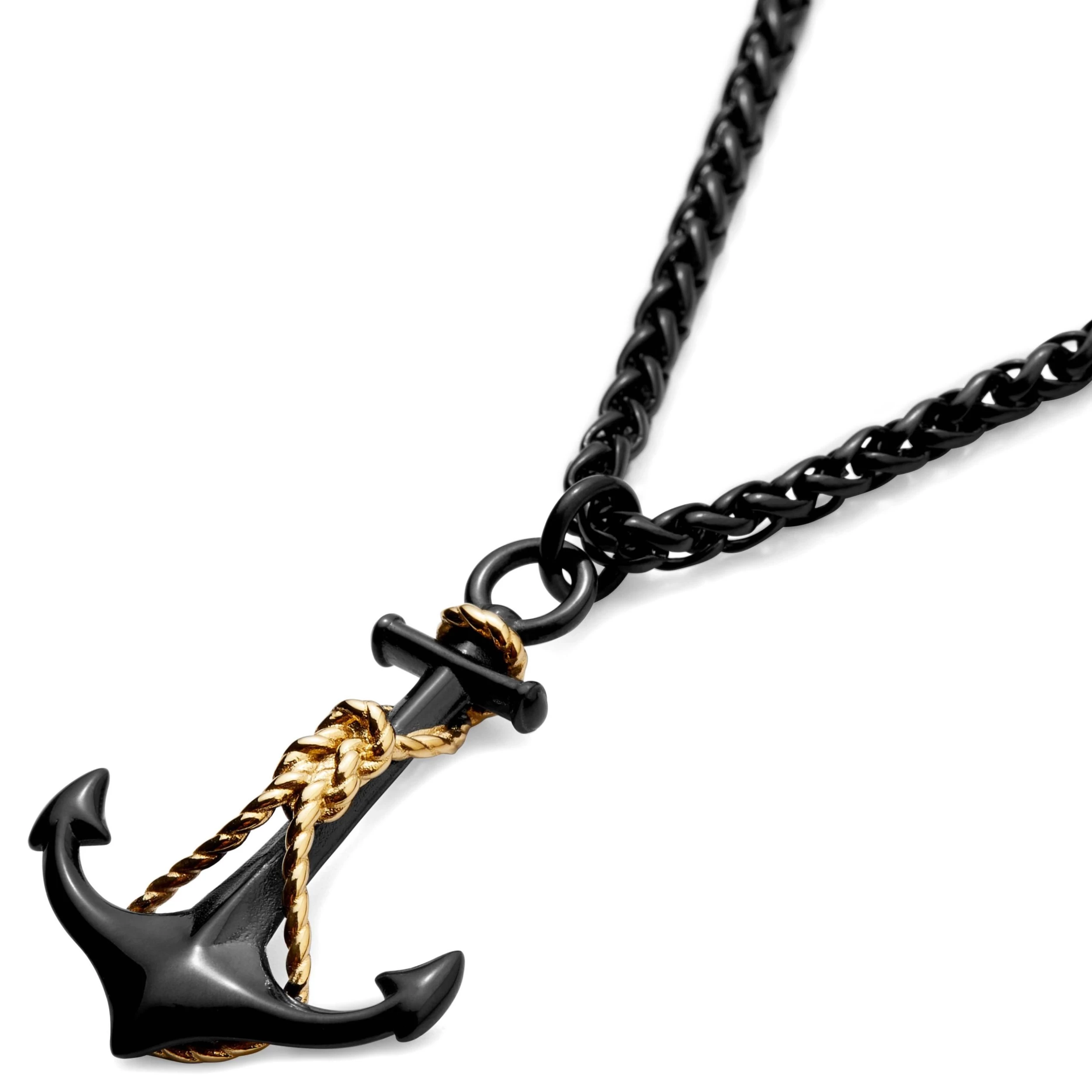 Tadd | Black Stainless Steel Anchor & Gold-Tone Knot Wheat Chain Necklace - Image 2