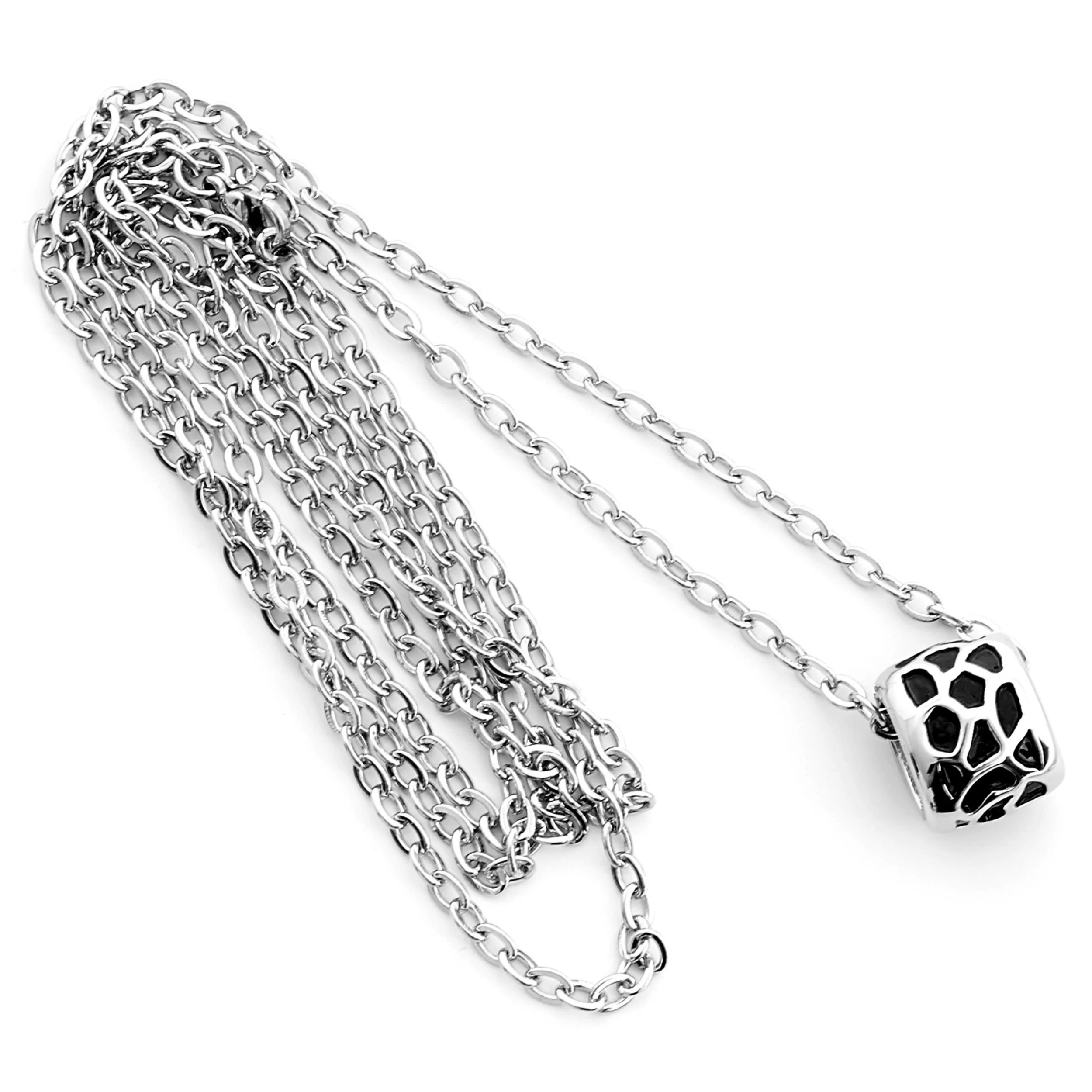 Silver-Tone & Black Stainless Steel Chunky Ring Cable Chain Necklace - Image 2