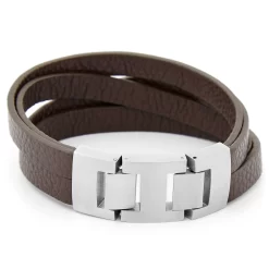 Brown Leather Strip & Stainless Steel Bracelet