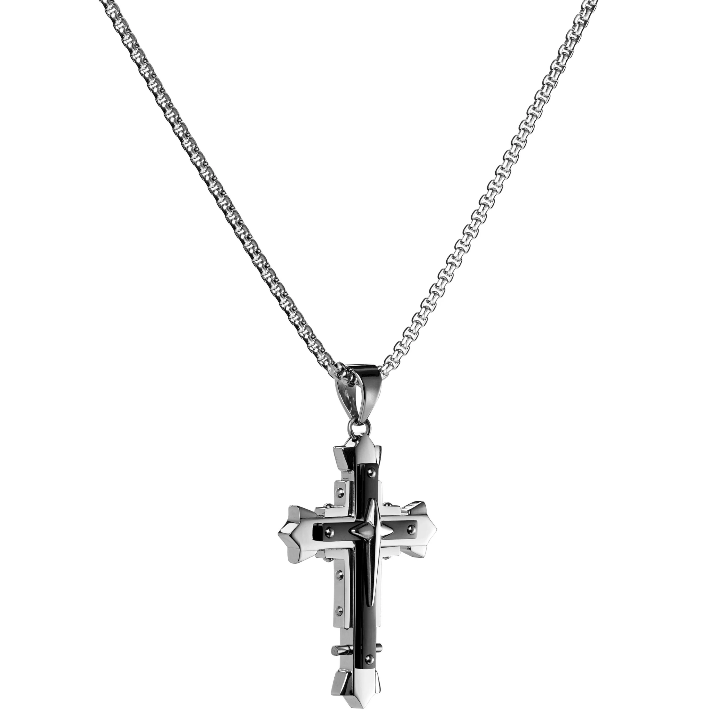 Silver-Tone & Black Stainless Steel Riveted Cross Box Chain Necklace - Image 3