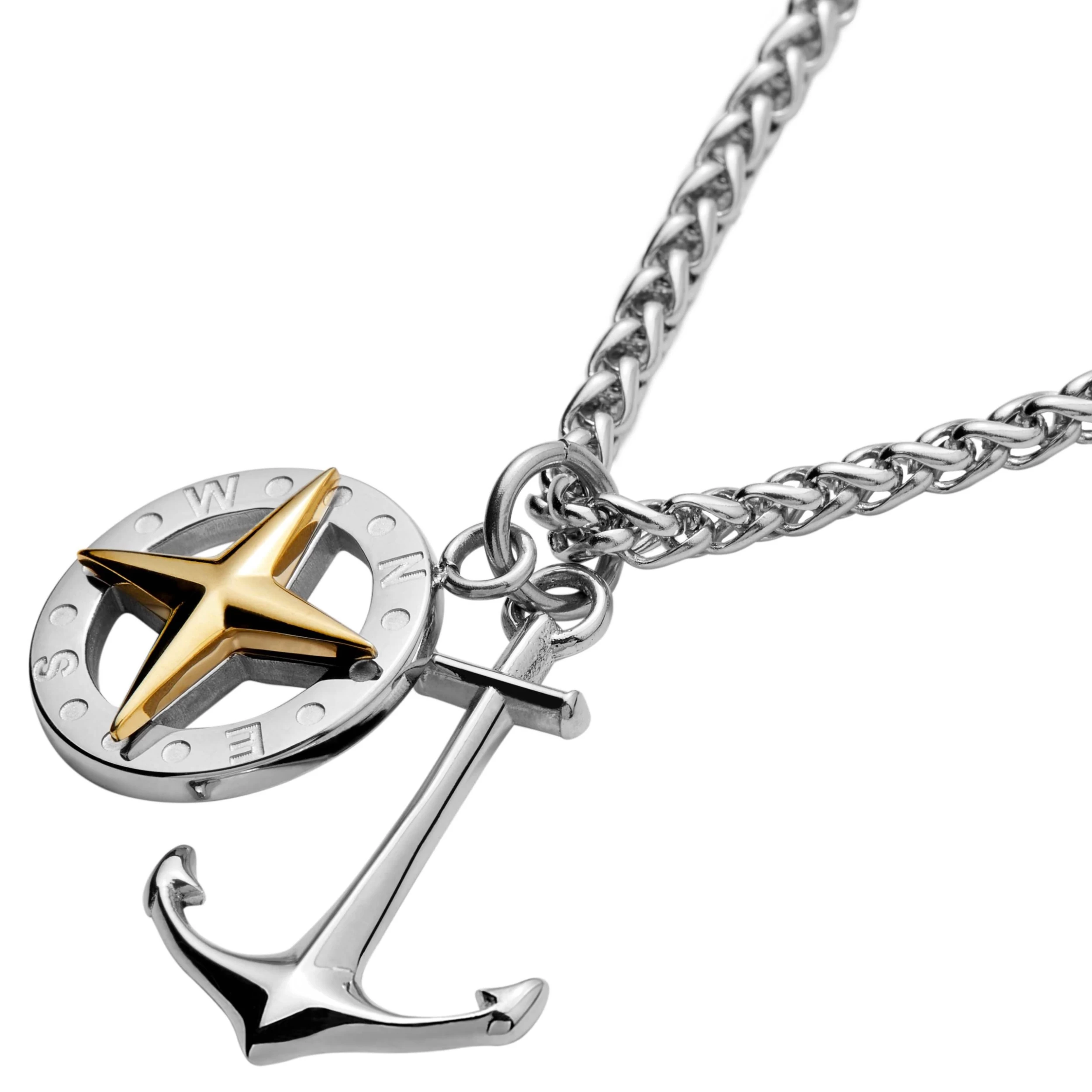 Silver-Tone Stainless Steel Anchor With Silver- & Gold-Tone Compass Wheat Chain Necklace - Image 2