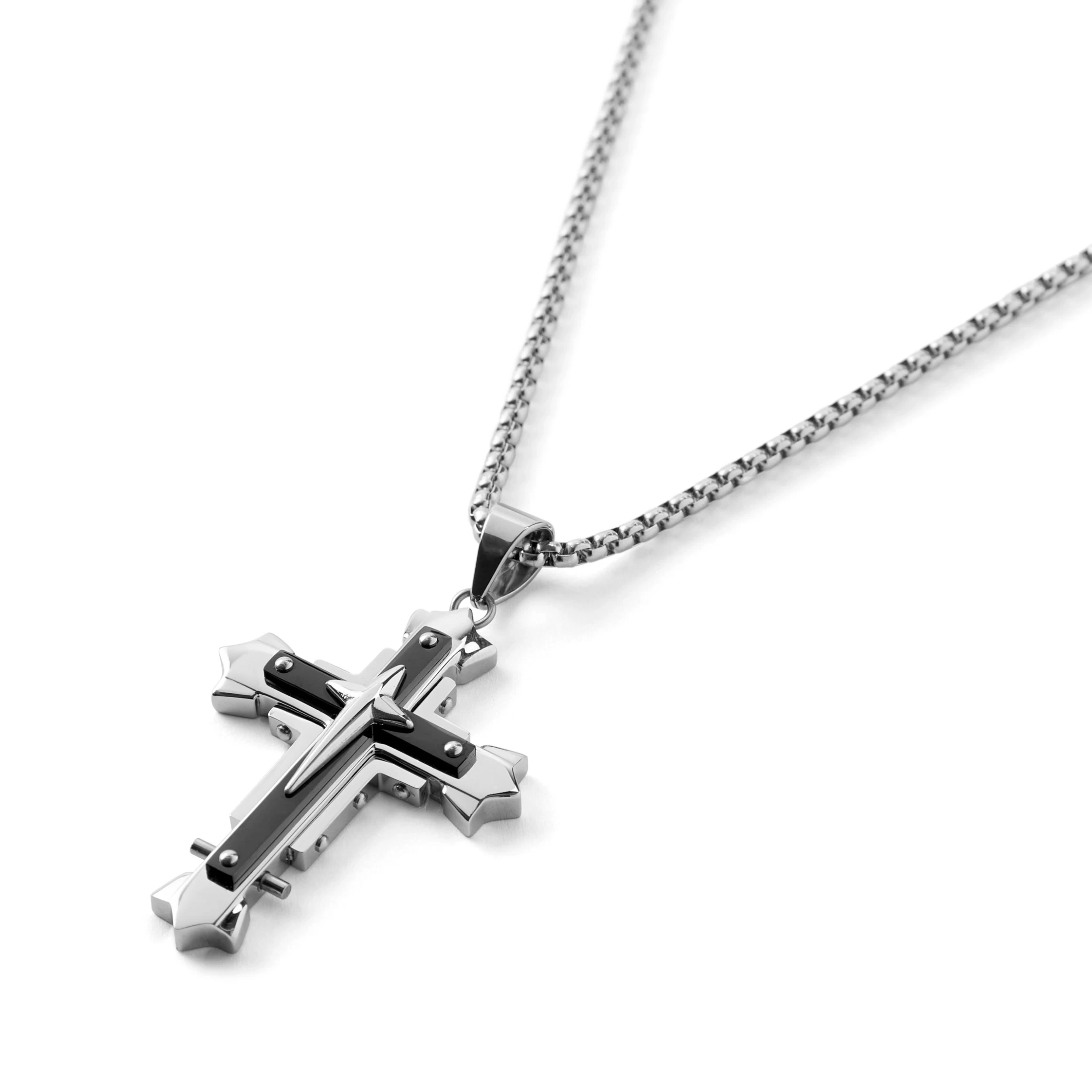 Silver-Tone & Black Stainless Steel Riveted Cross Box Chain Necklace - Image 2