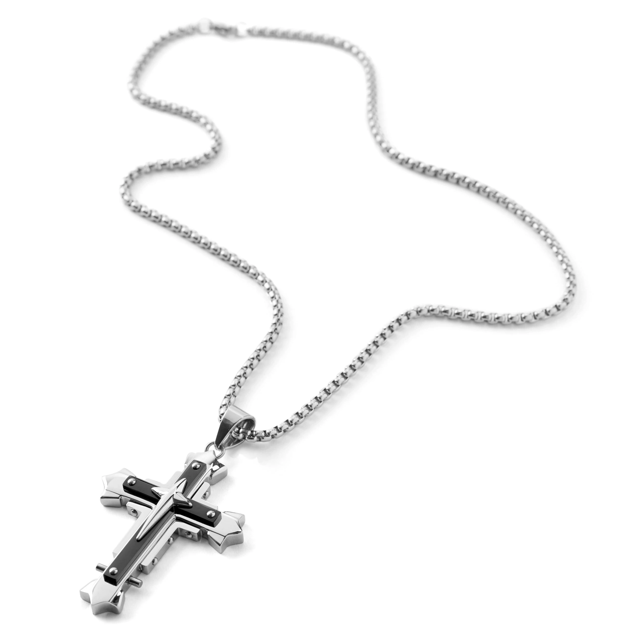 Silver-Tone & Black Stainless Steel Riveted Cross Box Chain Necklace - Image 4