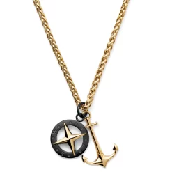 Tadd | Gold-Tone Anchor With Black Stainless Steel & Gold-Tone Compass Wheat Chain Necklace