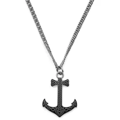 Silver-Tone & Black Stainless Steel Viking Anchor Wheat Chain Necklace