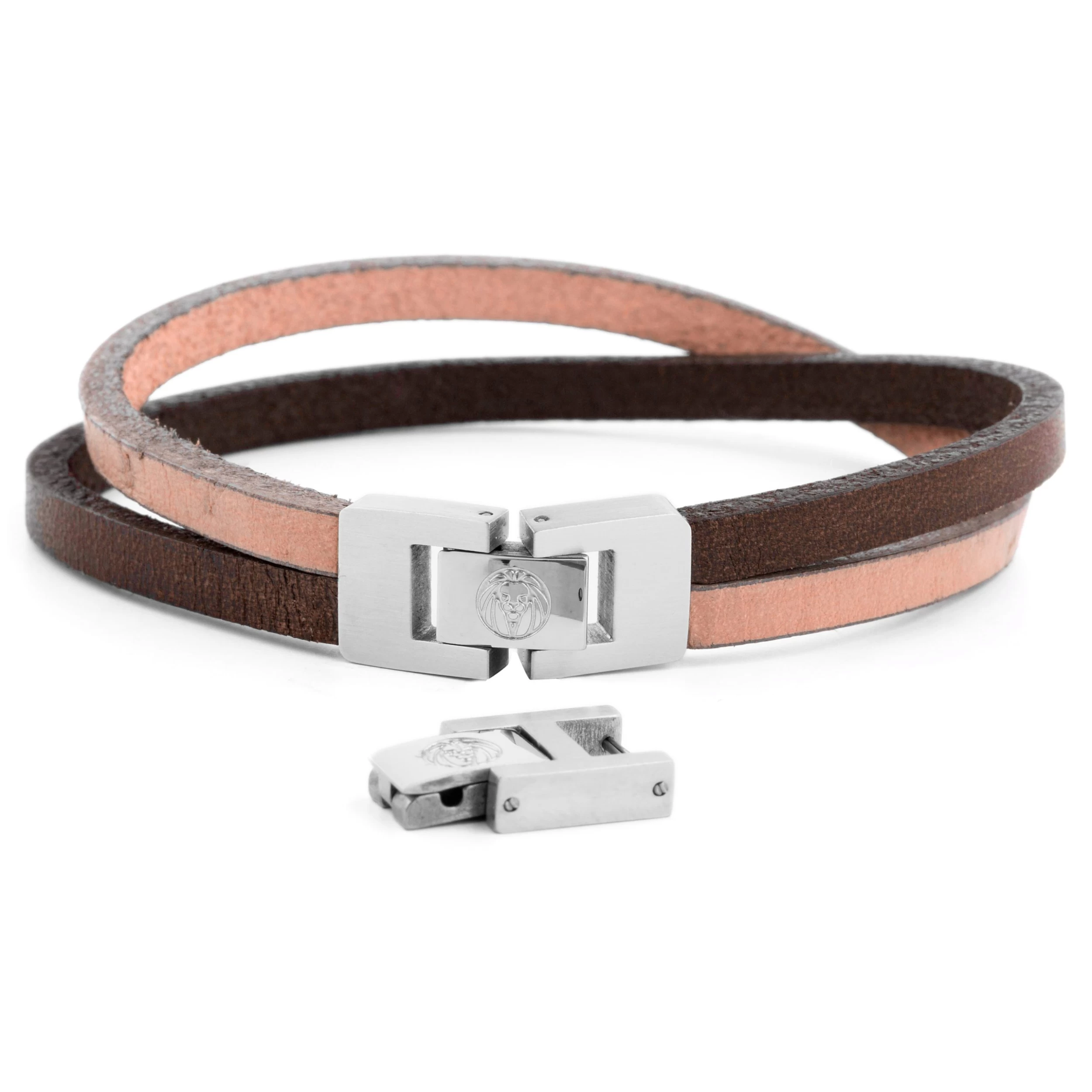 Light Brown Leather & Steel Single Strap Bracelet - Image 4
