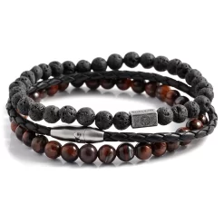 Red Tiger's Eye & Black Lava Rock & Leather Cord Bracelet Set