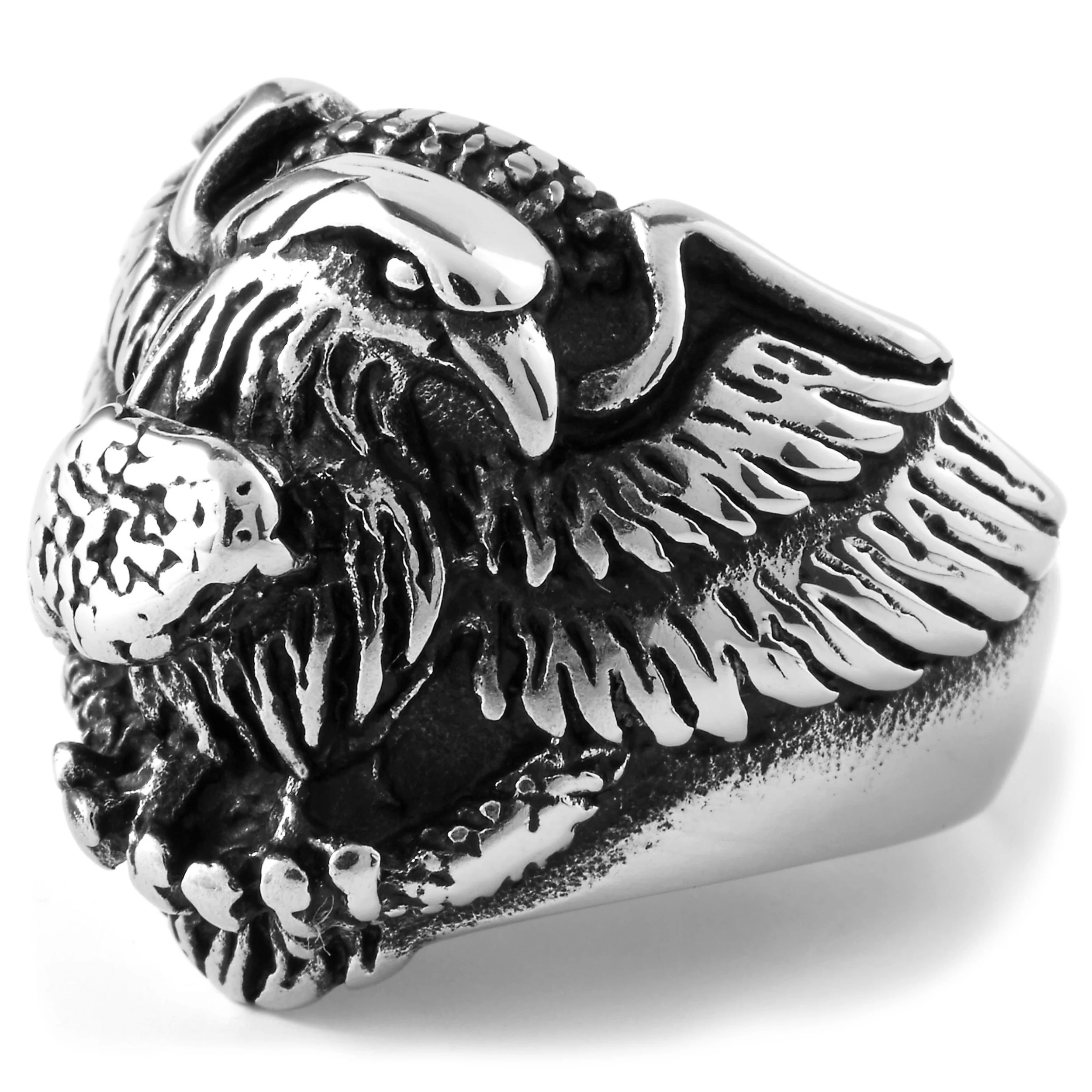 Silver-Tone & Black Stainless Steel Eagle Ring