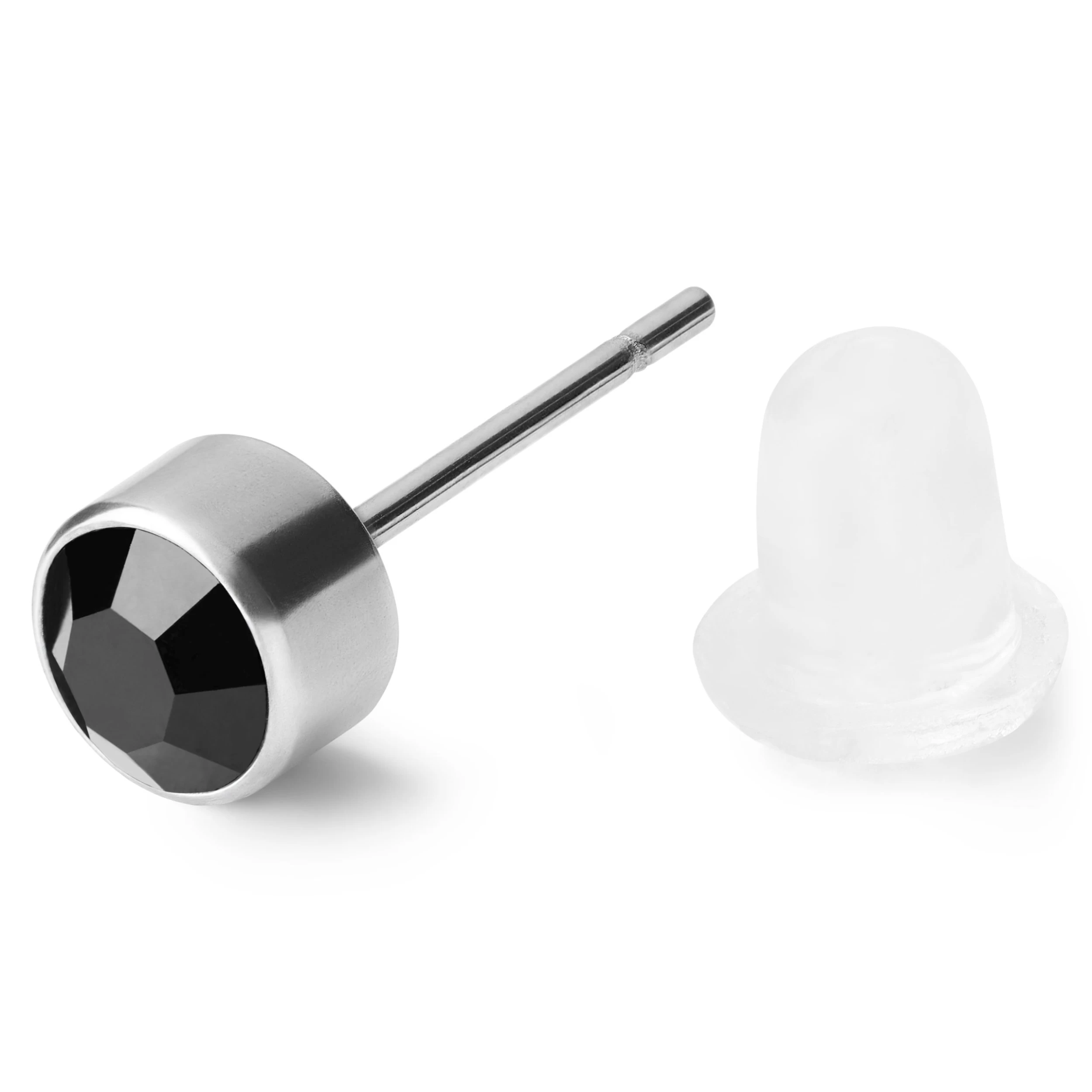 4 Mm Black Round Zirconia & Silver-Tone Stainless Steel Stud Earring