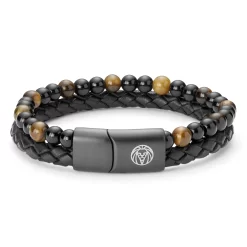 Black Leather & Yellow Tiger's Eye Double Bracelet