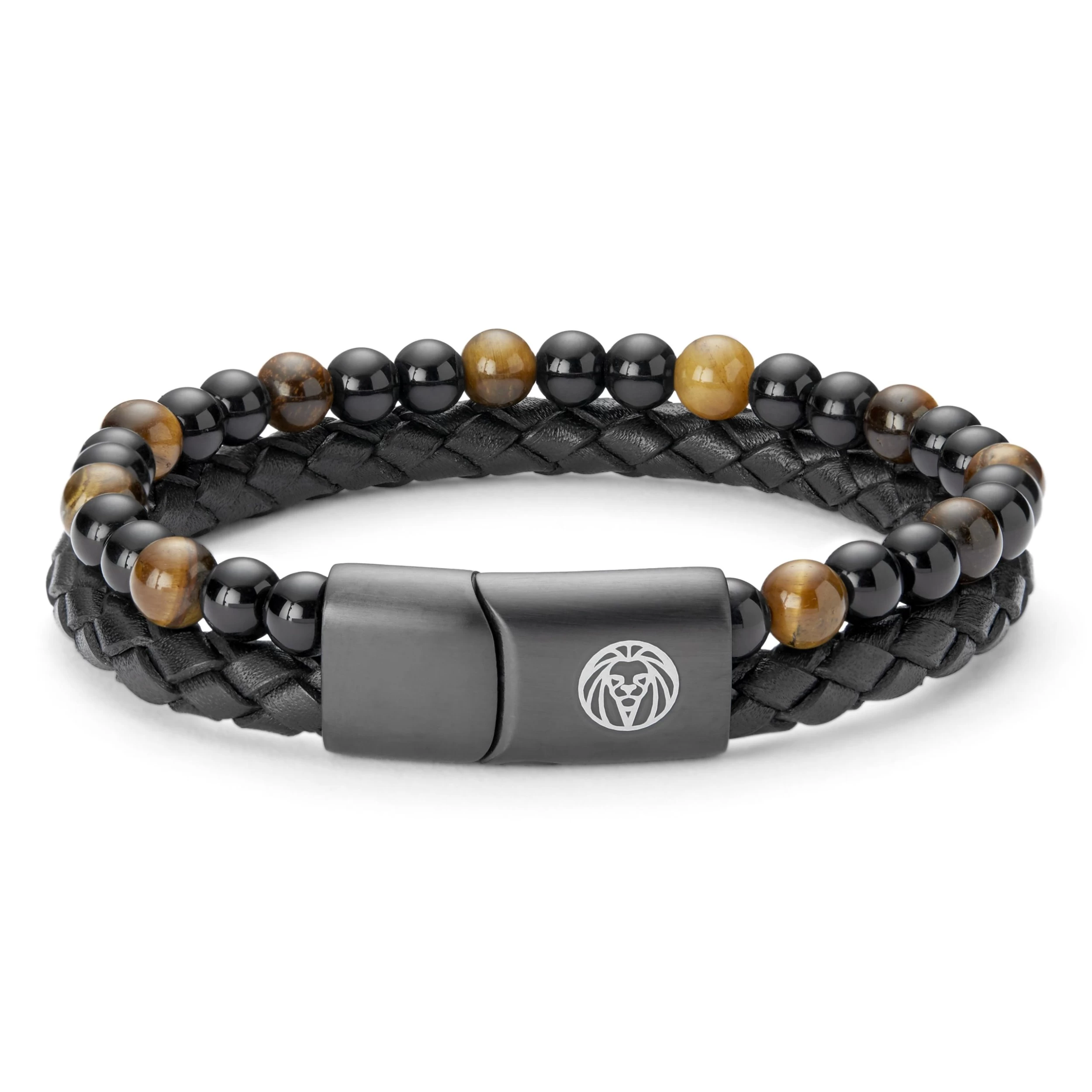 Black Leather & Yellow Tiger's Eye Double Bracelet