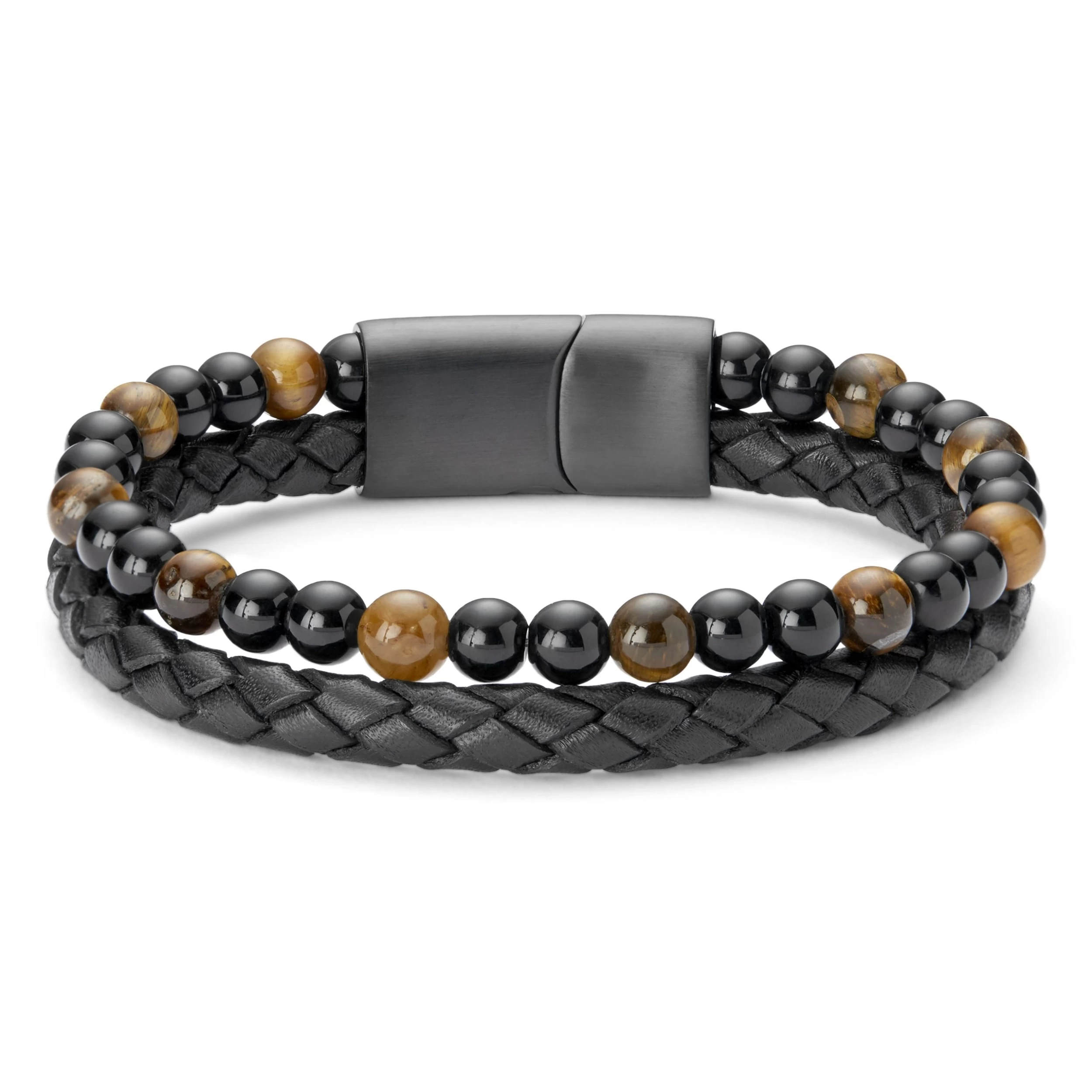 Black Leather & Yellow Tiger's Eye Double Bracelet - Image 2