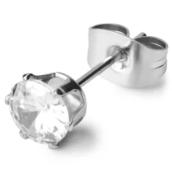 6 Mm Round Zirconia & Silver-Tone Stainless Steel Stud Earring