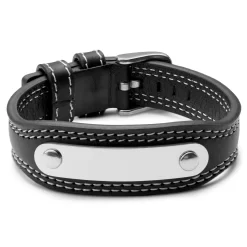 Black Leather & Silver-Tone Steel ID Bracelet