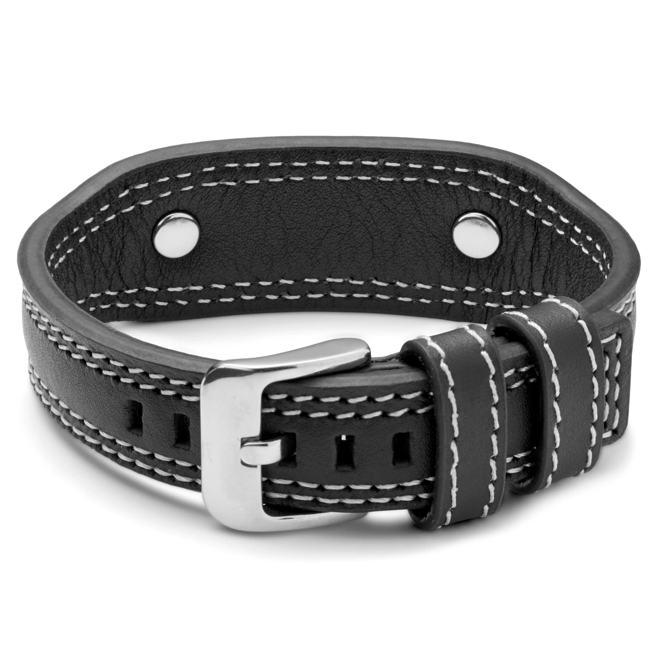 Black Leather & Silver-Tone Steel ID Bracelet - Image 2