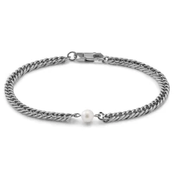 Ocata | Silver-Tone Cuban Chain & Pearl Bracelet