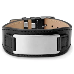 Black Leather & Stainless Steel Plate ID Bracelet