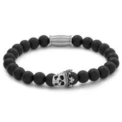 Vasilios | Natural Black Onyx Bead & Stainless Steel Skull Bracelet