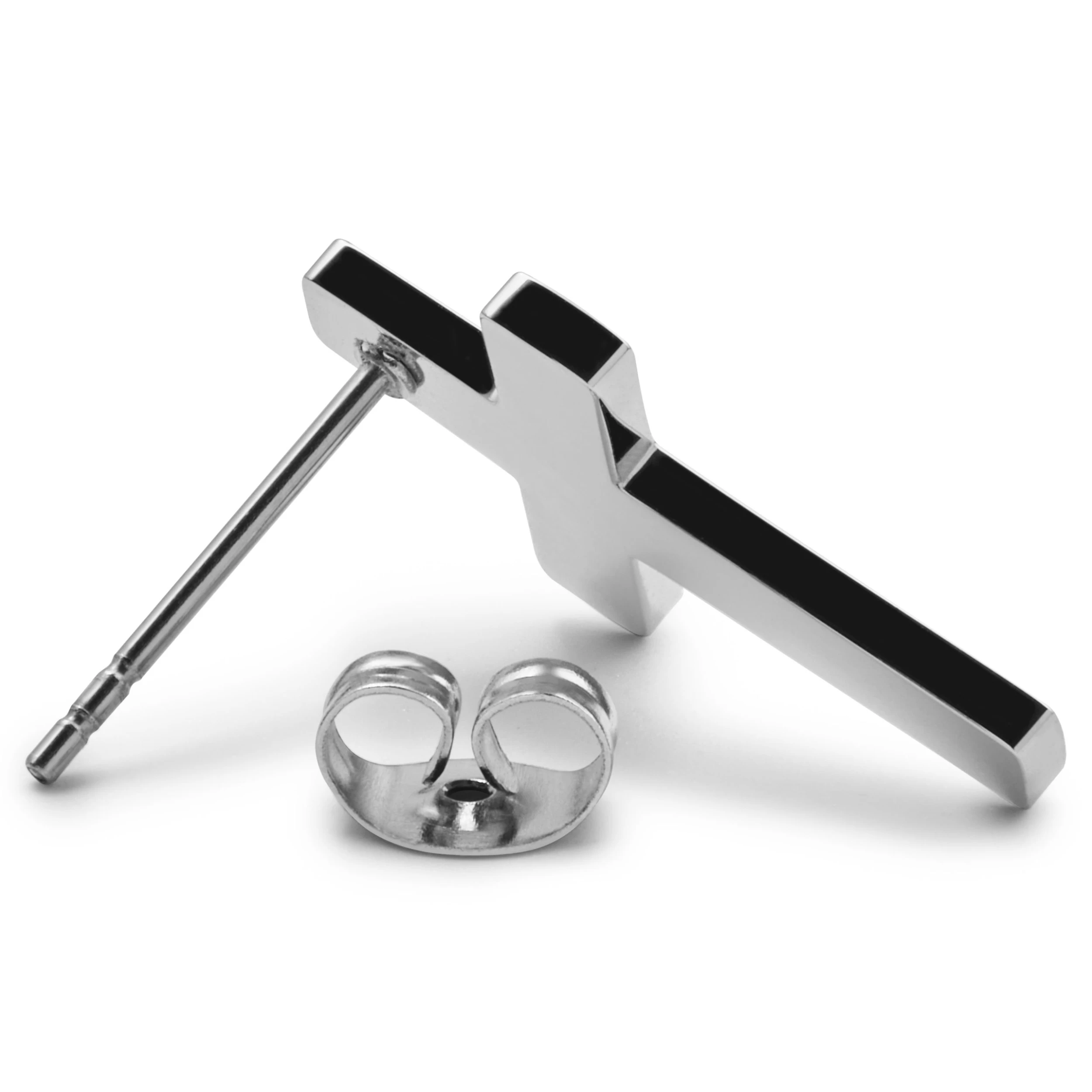 Silver-Tone Stainless Steel Cross Stud Earring - Image 3