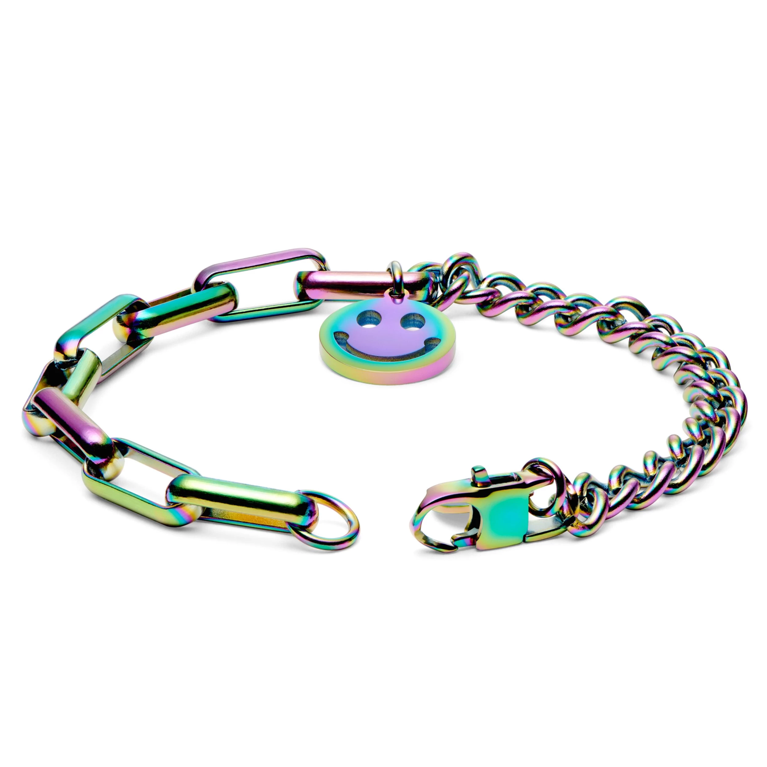 Amager | Rainbow Stainless Steel Curb & Cable Chain Smiley Bracelet - Image 2