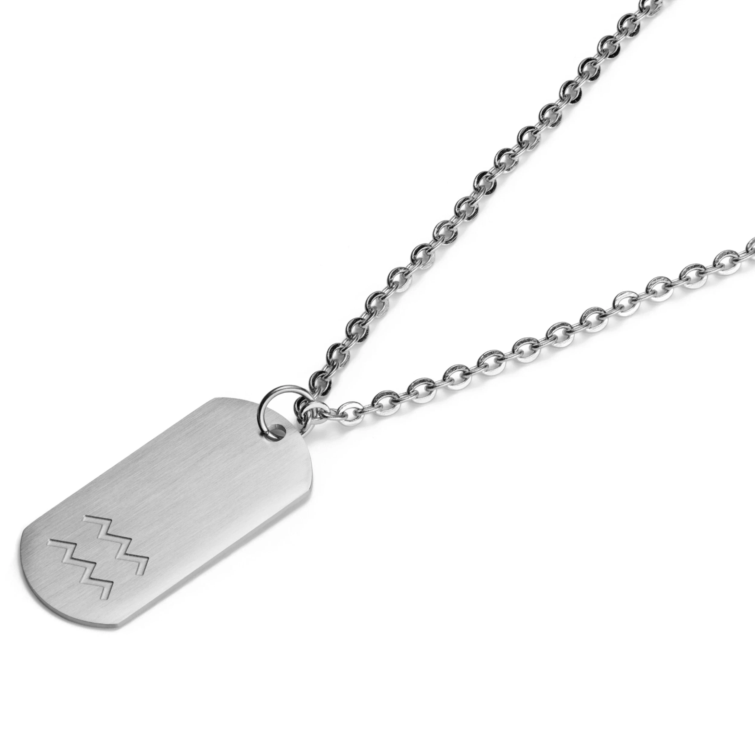 Zodiac | Silver-Tone Stainless Steel Aquarius Star Sign Dog Tag Cable Chain Necklace - Image 5