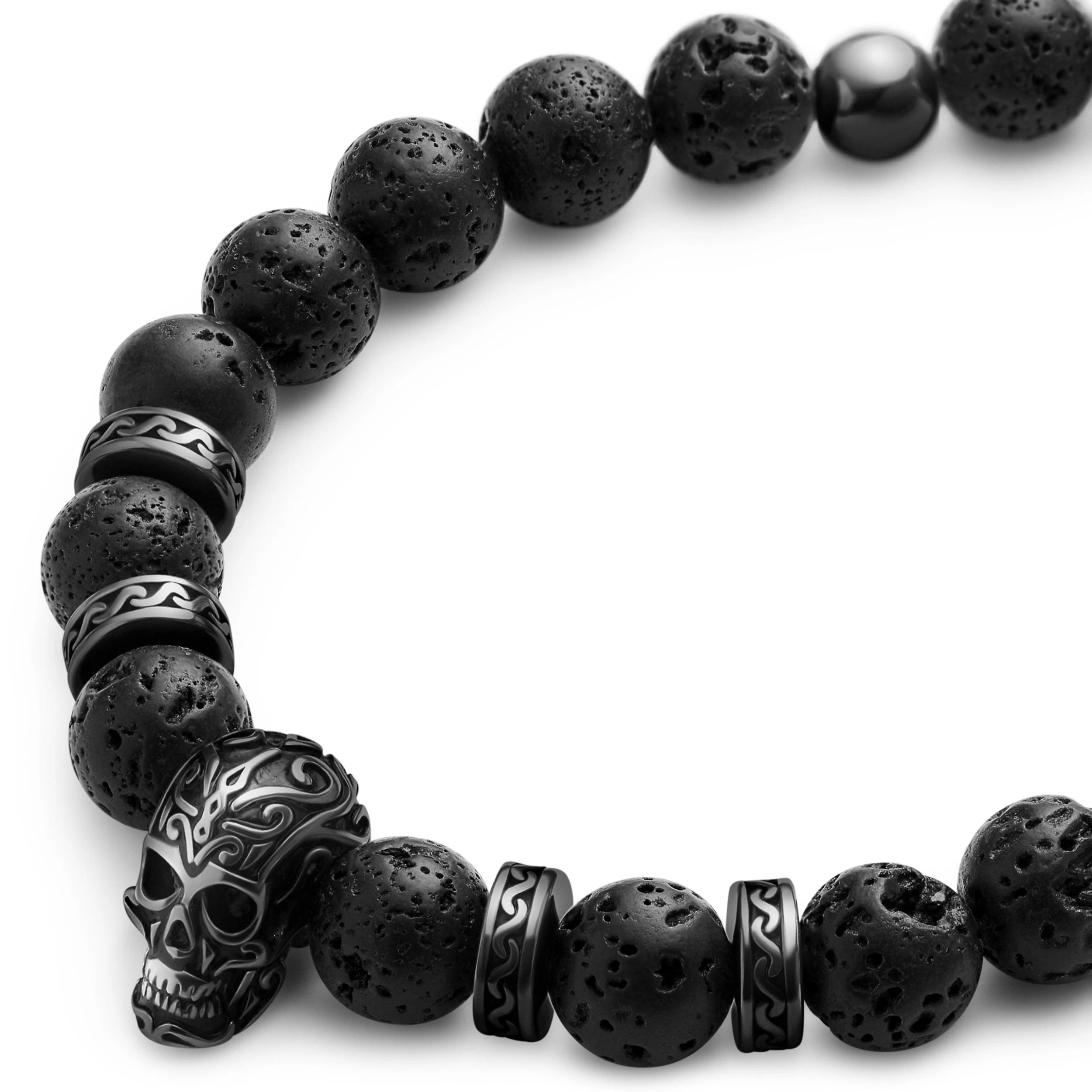 Rico | Lava Stone & Black Stainless Steel Skull Bracelet - Image 2