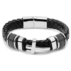 Black Braided Silver-Tone Stainless Steel Cross Bracelet