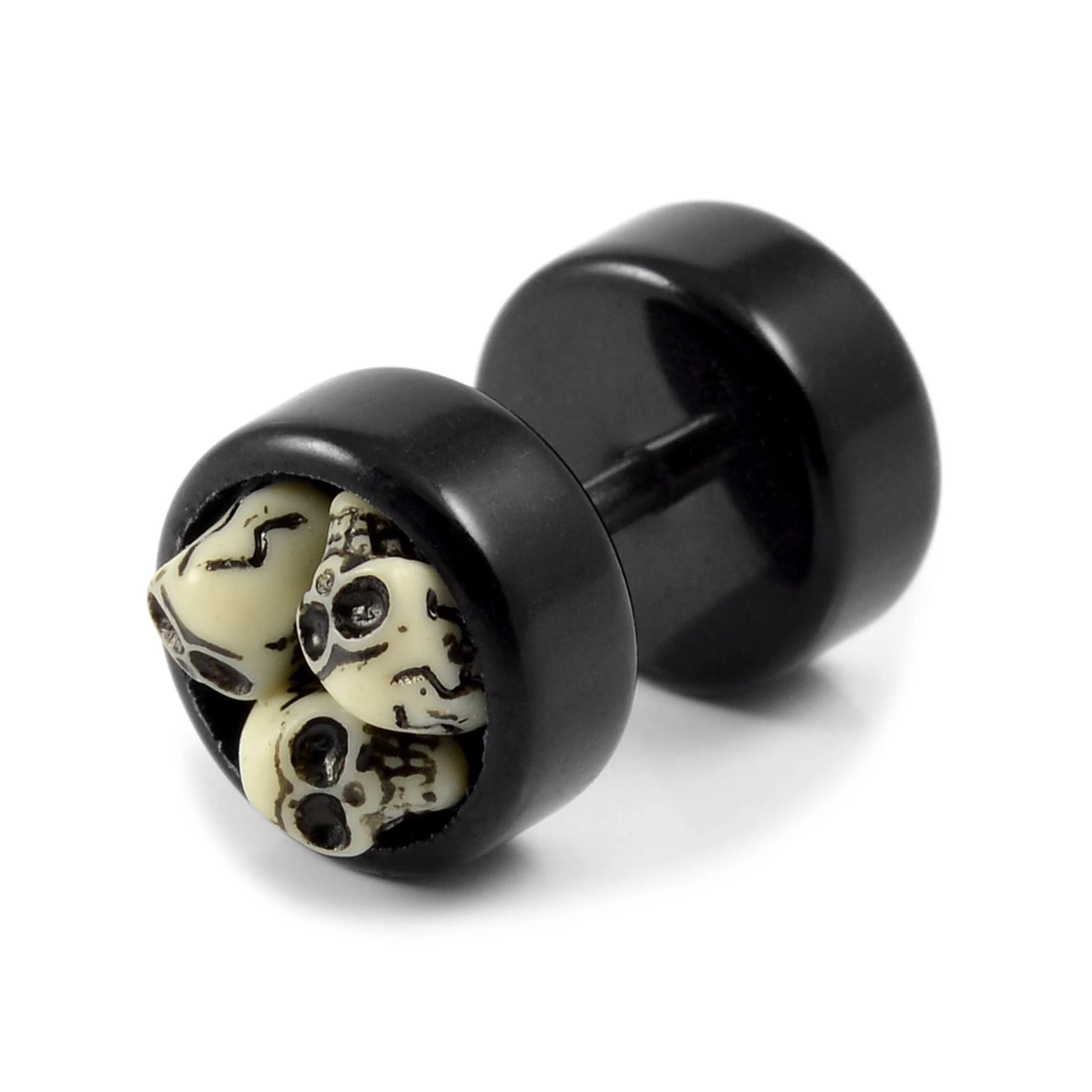 Satago | 1/3" (9 Mm) Black And White Acrylic & Stainless Steel Skull Faux Plug Stud Earring