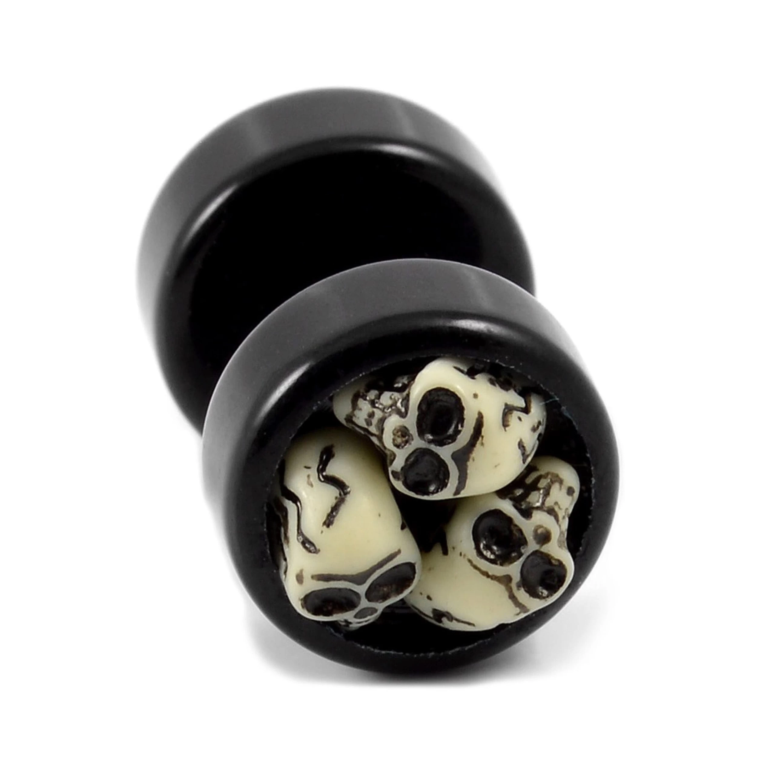 Satago | 1/3" (9 Mm) Black And White Acrylic & Stainless Steel Skull Faux Plug Stud Earring - Image 2