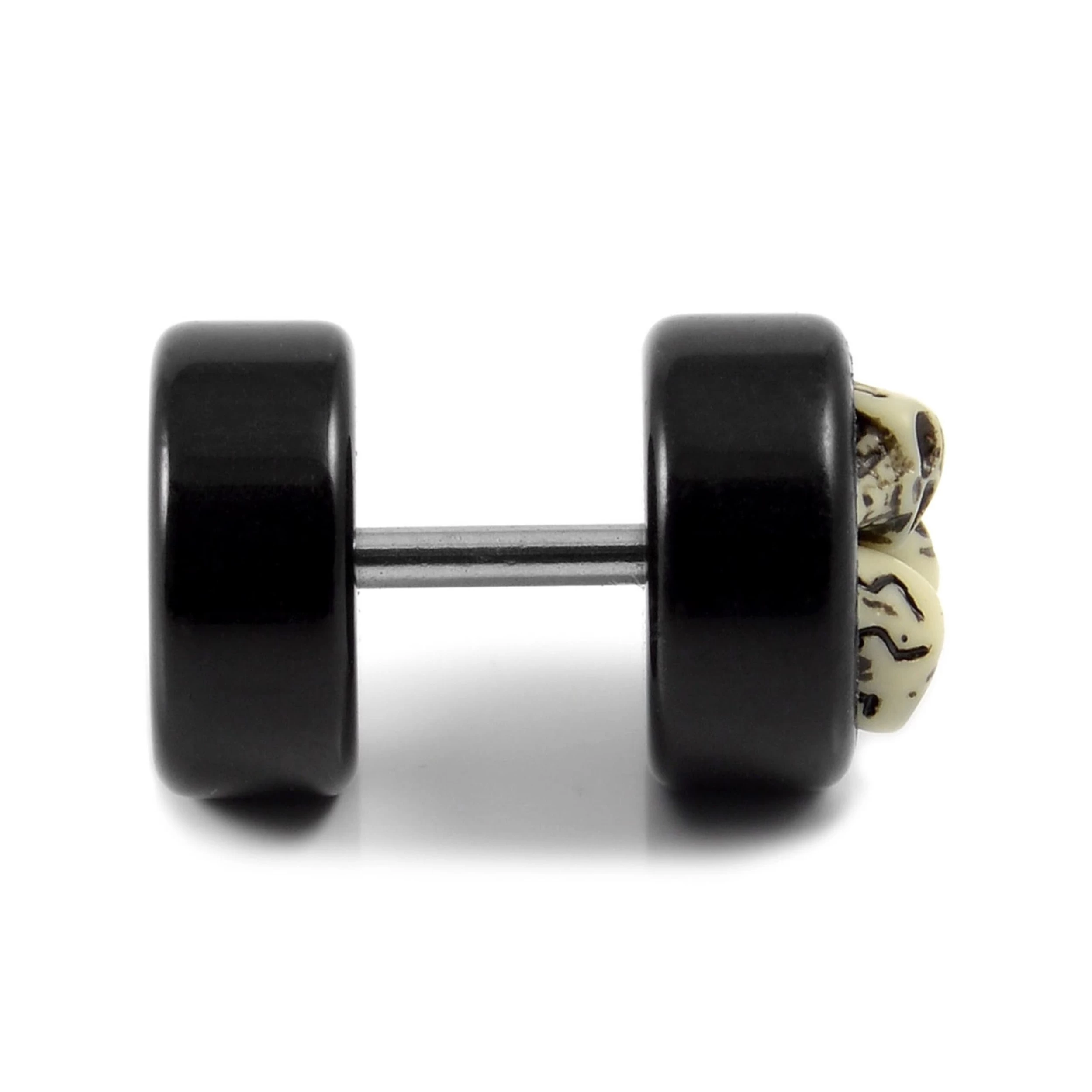 Satago | 1/3" (9 Mm) Black And White Acrylic & Stainless Steel Skull Faux Plug Stud Earring - Image 3
