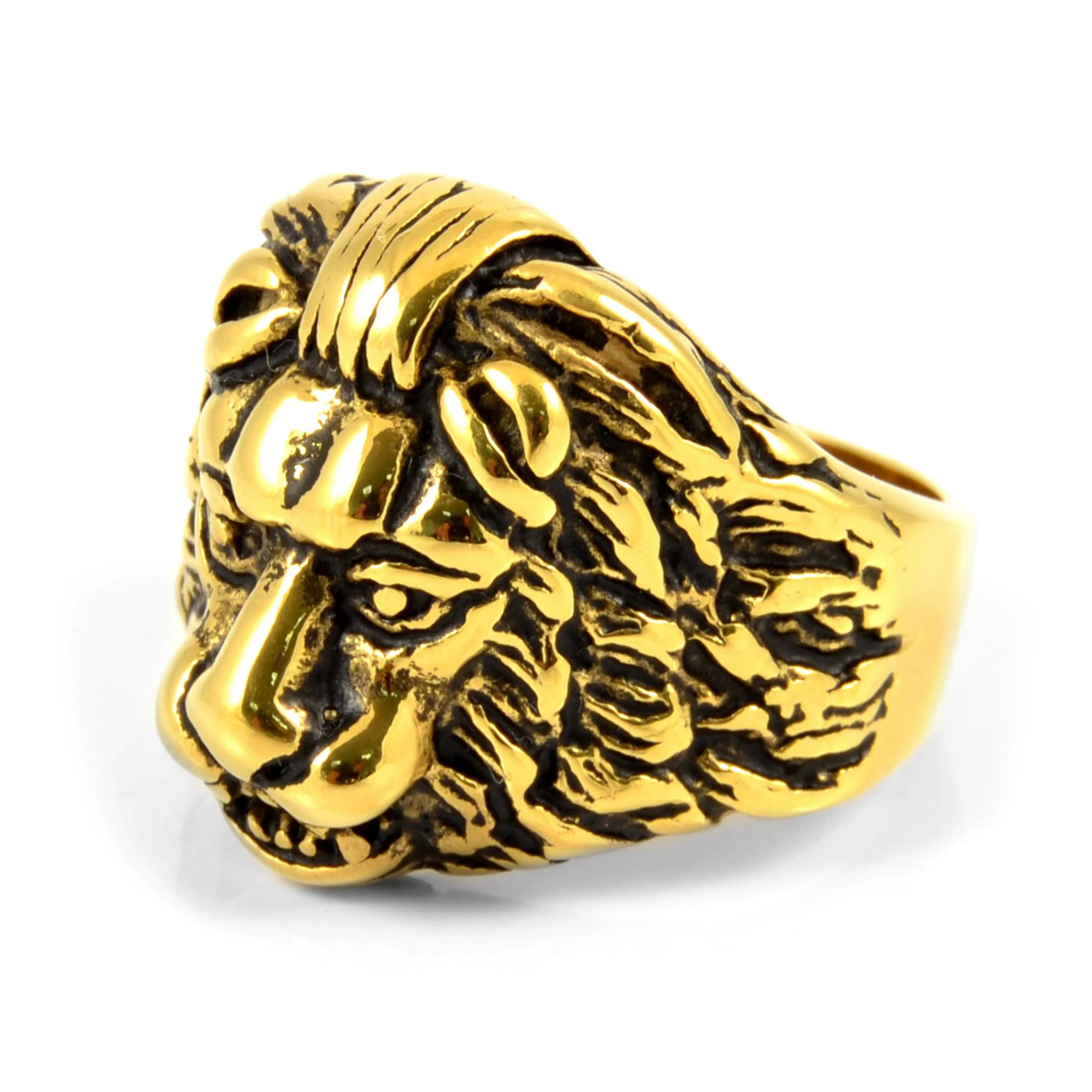 Gold-Tone & Black Stainless Steel Lion's Head Ring