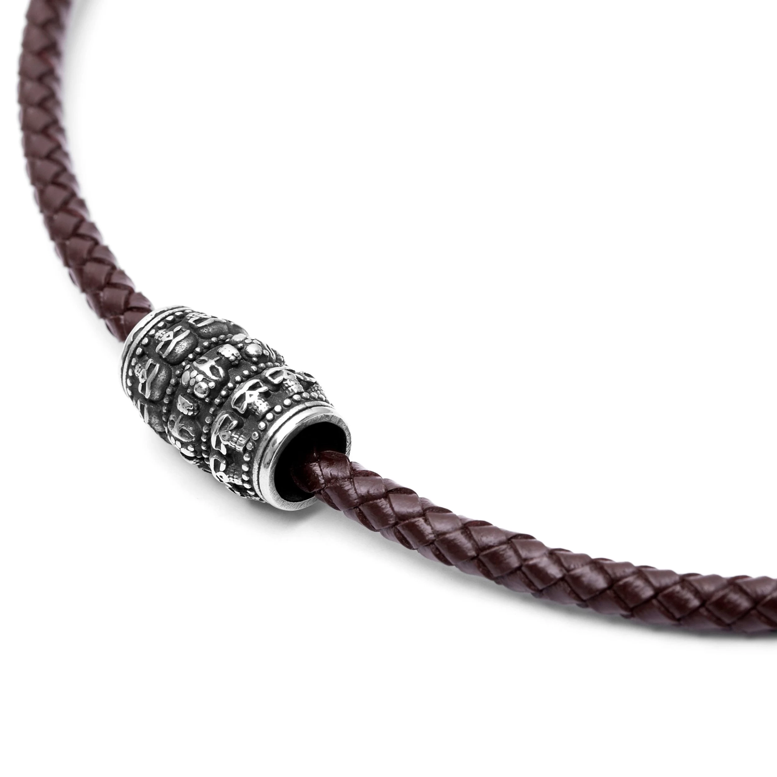 Brown Leather With SIlver-Tone Stainless Steel Skulls Barrel Necklace - Image 2