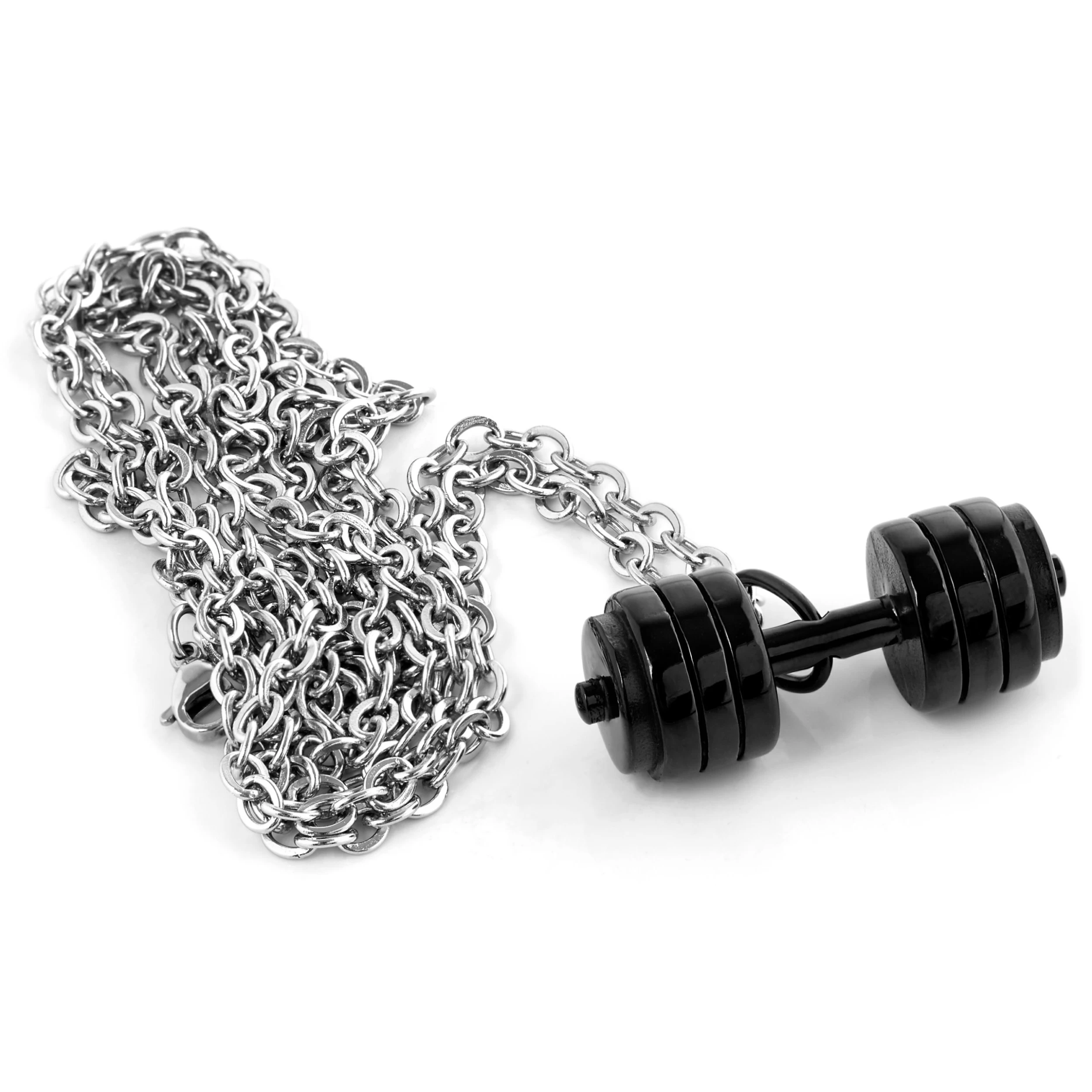 Silver-Tone & Black Stainless Steel Dumbell Cable Chain Necklace - Image 2