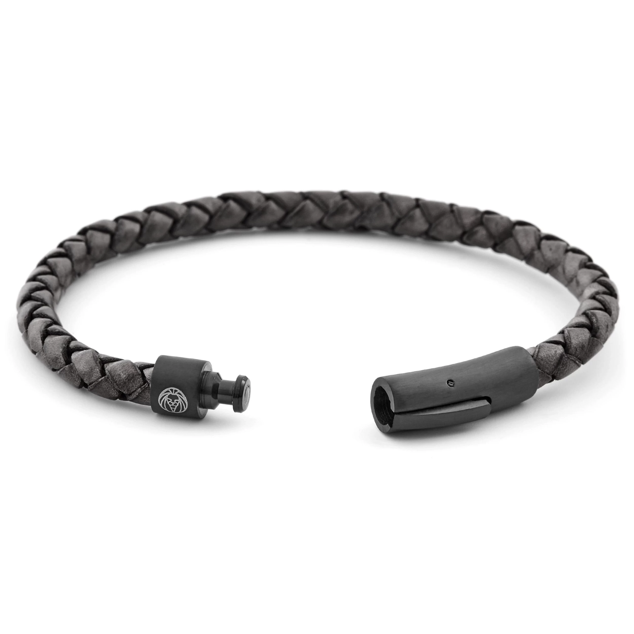 Grey & Black Braided Leather Cord Bracelet - Image 2