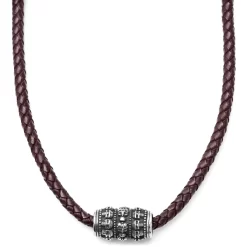 Brown Leather With SIlver-Tone Stainless Steel Skulls Barrel Necklace