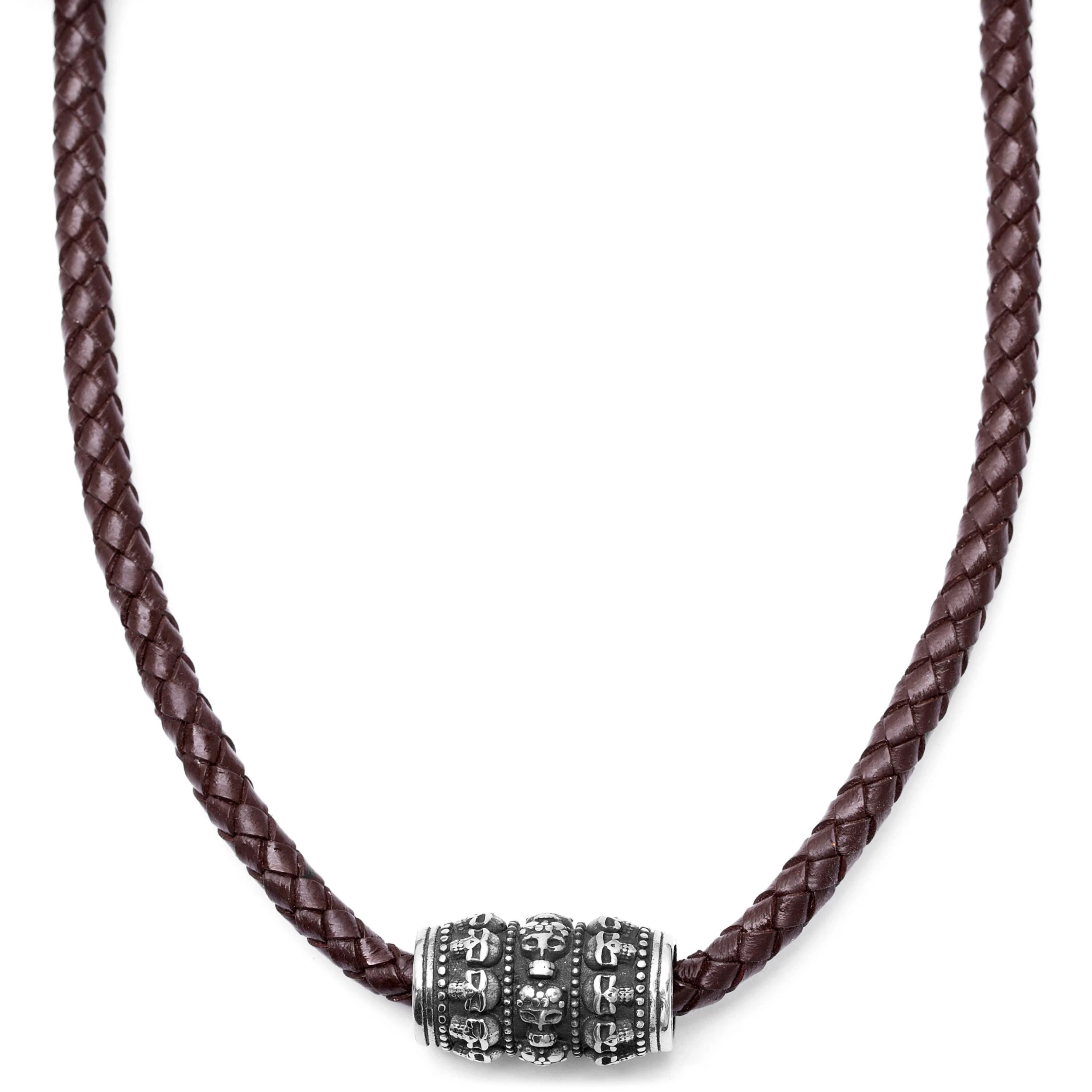 Brown Leather With SIlver-Tone Stainless Steel Skulls Barrel Necklace