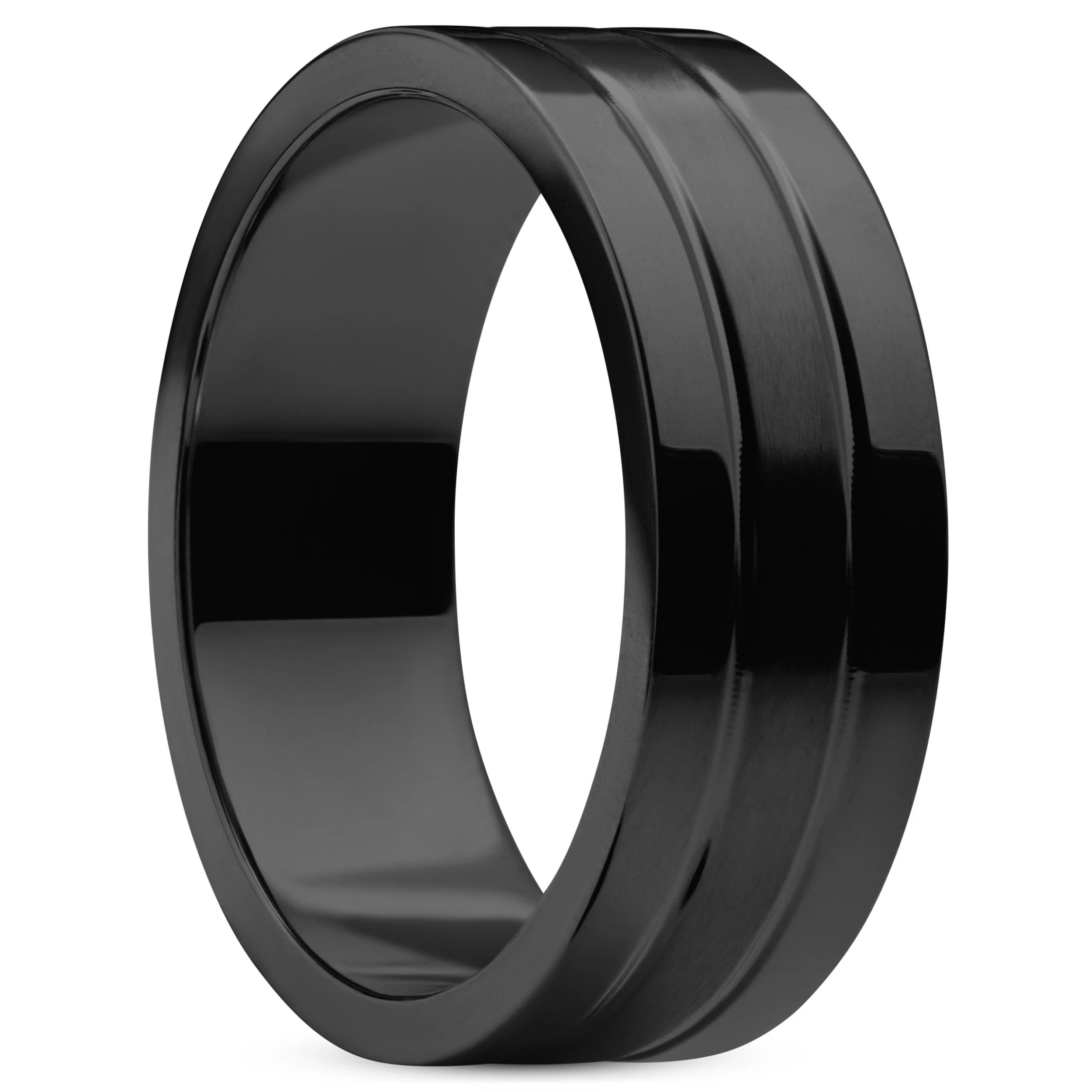 Ferrum | 8 Mm Brushed & Polished Black Stainless Steel Double Grooved Ring