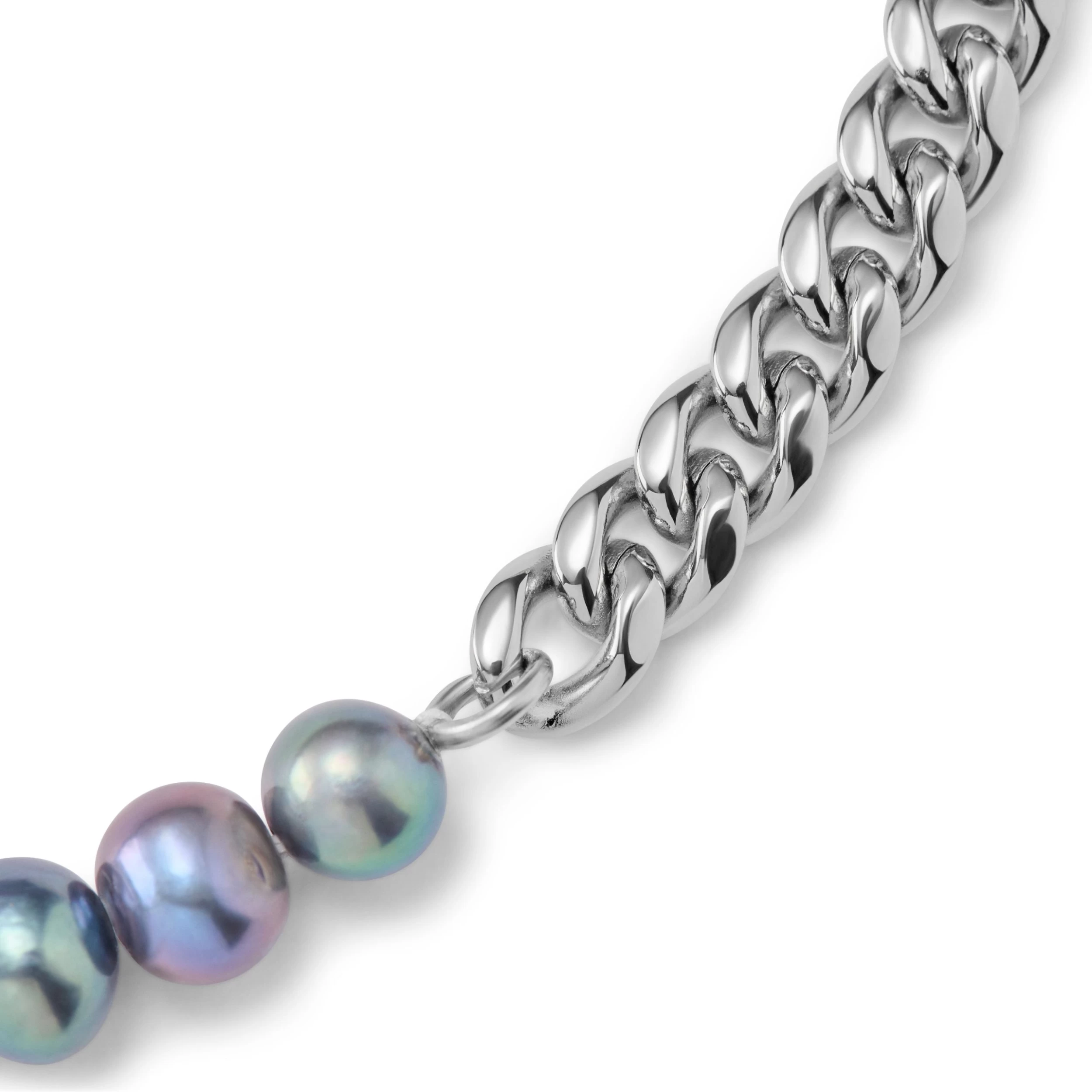 Ocata | Silver-Tone Curb Chain & Black Pearl Necklace - Image 2